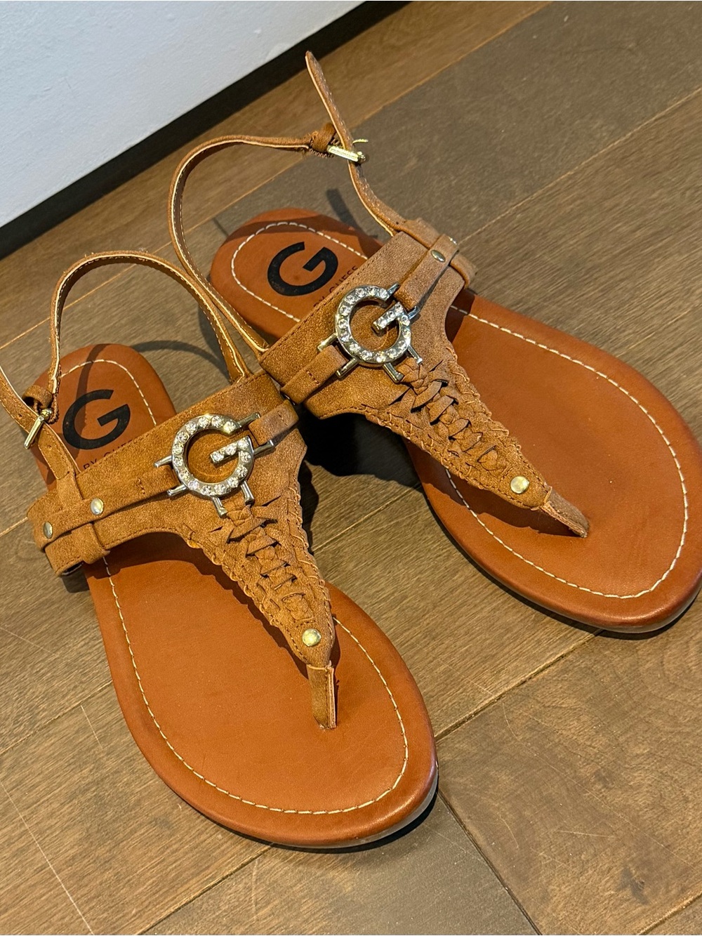 Guess Women’s Brown Suede Braided T-Strap Sandals with Decorative Buckle